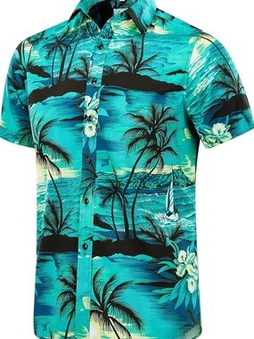 Euow Silky Turquoise & Black Palm Hawiain Print Short Sleeve Button-Up Shirt XXL